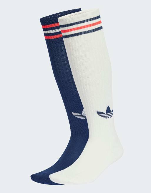adidas Originals – Zestaw 2 par skarpetek do kolan w kolorze złamanej bieli i indygo z 3 paskami