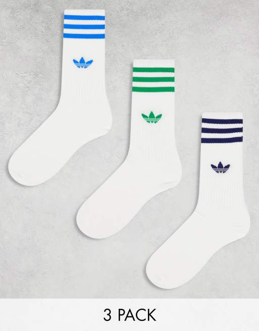 adidas Originals – Zestaw 3 par białych skarpetek do kostki z trzema paskami w kolorach niebieskim i zielonym