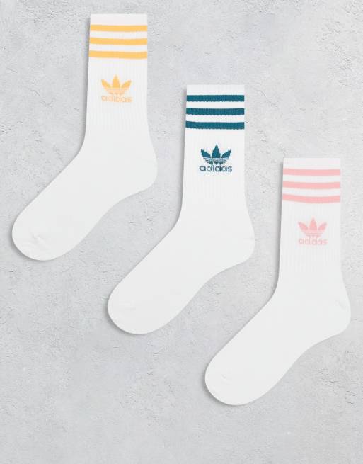 adidas Originals – Zestaw 3 par klasycznych białych skarpetek z pastelowymi paskami
