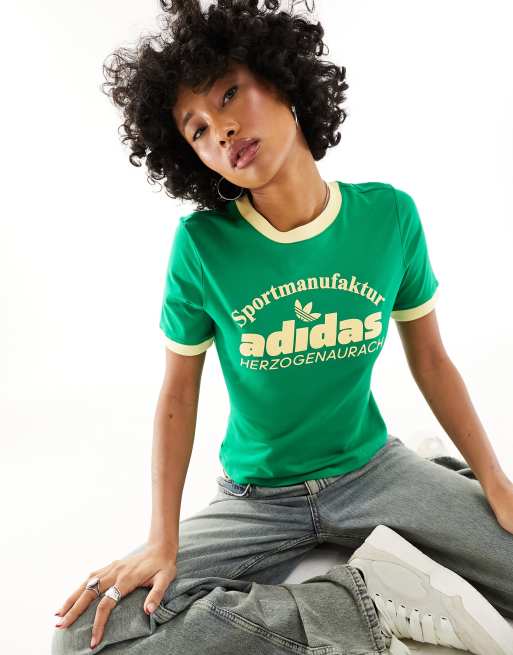 adidas Originals – Zielono-żółty T-shirt z logo w stylu retro