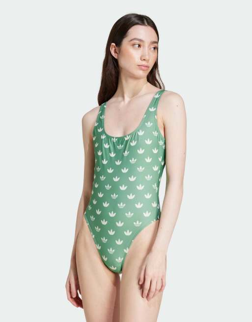 adidas Originals – Zielony strój kąpielowy w monogramowy wzór
