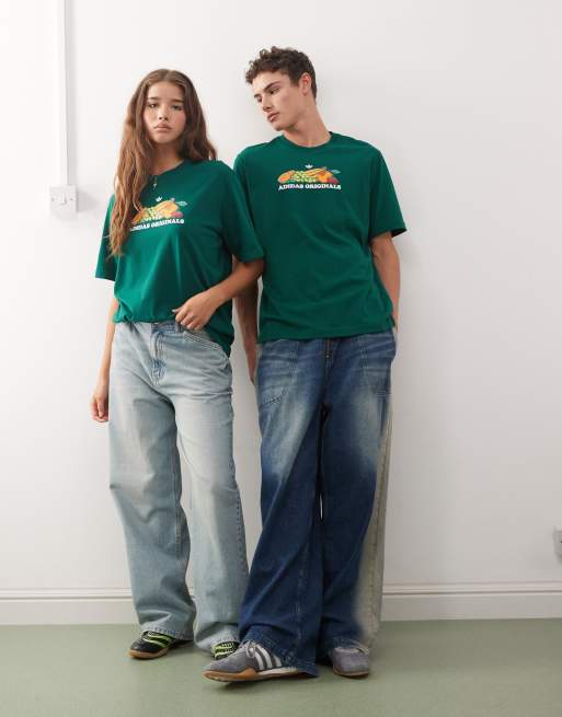 adidas Originals – Zielony T-shirt z grafiką z owocami