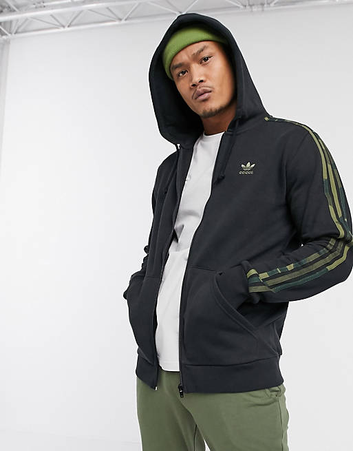 adidas Originals zip through hoodie with camo 3 stripes in black ...