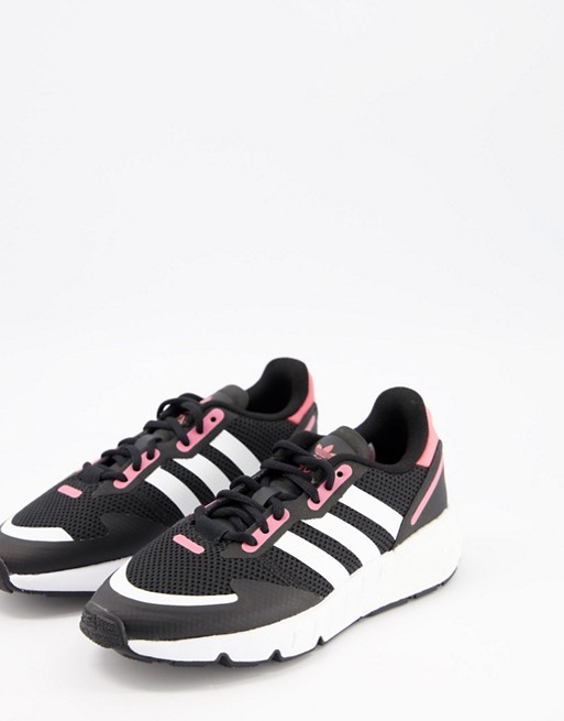 adidas Originals ZX 1K Boost trainers in black with pink heel tab