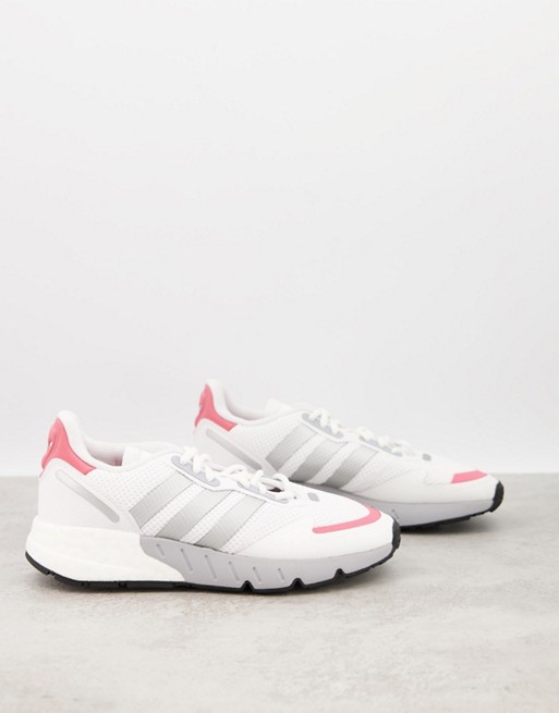 adidas Originals ZX 1K Boost trainers in white with pink heel tab