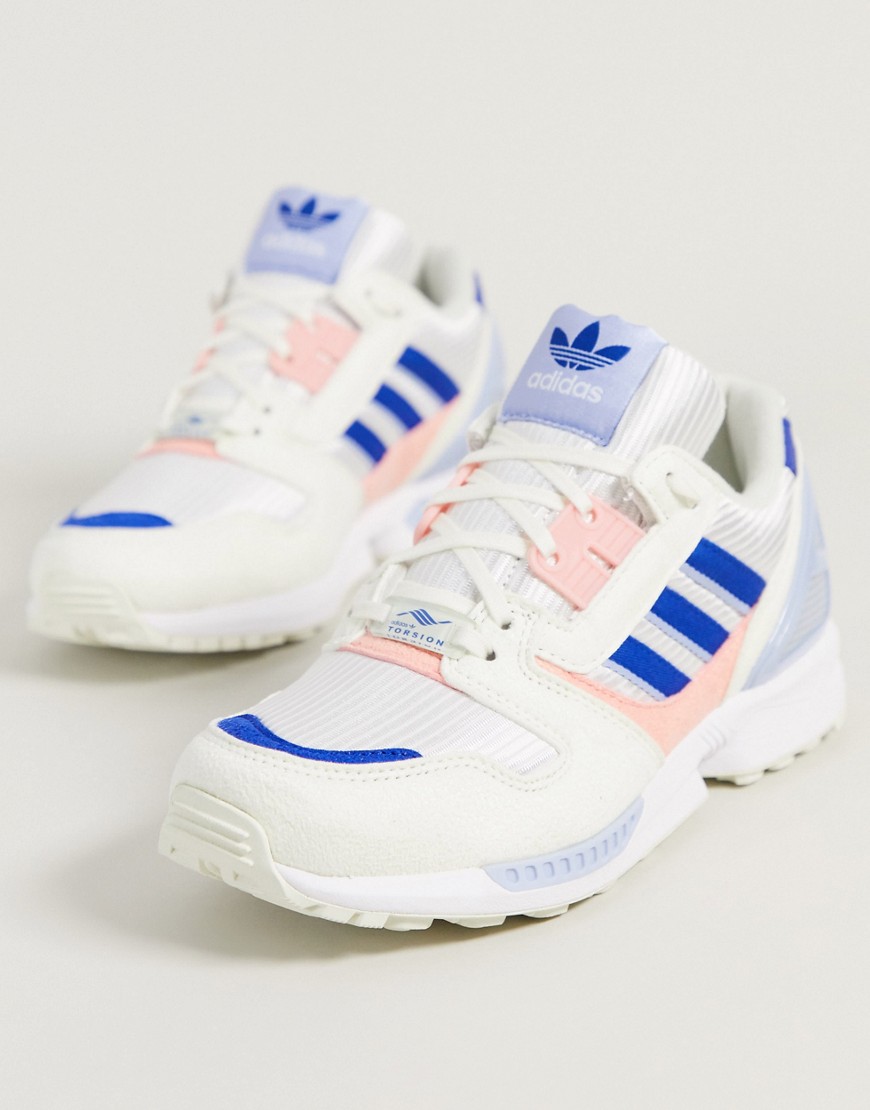 Adidas Originals ZX 8000 trainers in pink and blue-White