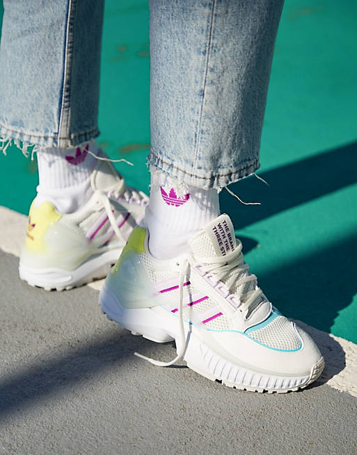 Sportswear adidas Originals ZX Wavian trainers in off white with purple and mint detail 