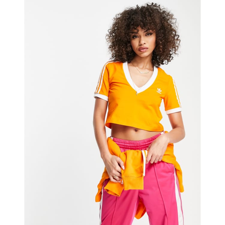 adidas Orignals 3 stripe v-neck cropped top in orange