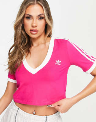 Lastig stuiten op beneden adidas Orignals 3-Stripes V-neck cropped top in pink | ASOS