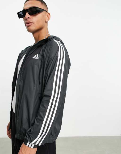 Adidas striped best sale jacket with hood