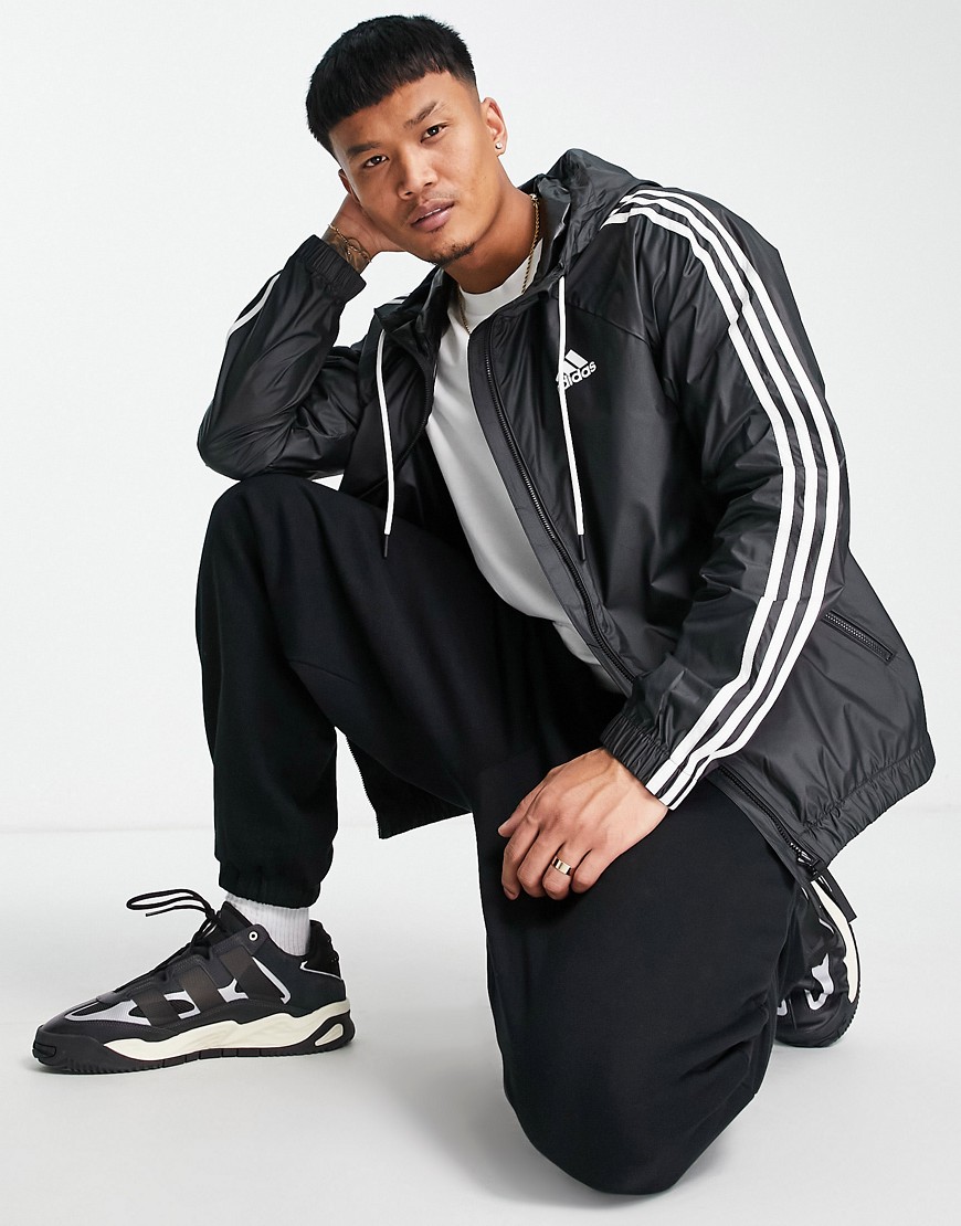 adidas Outdoor 3 stripe windbreaker jacket in black