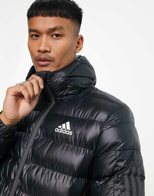 adidas Outdoor Badge of Sport Czarna kurtka parka z 3 paskami