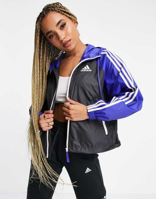 adidas Outdoor – Czarno-fioletowa zapinana na suwak wiatrówka z kapturem i 3 paskami
