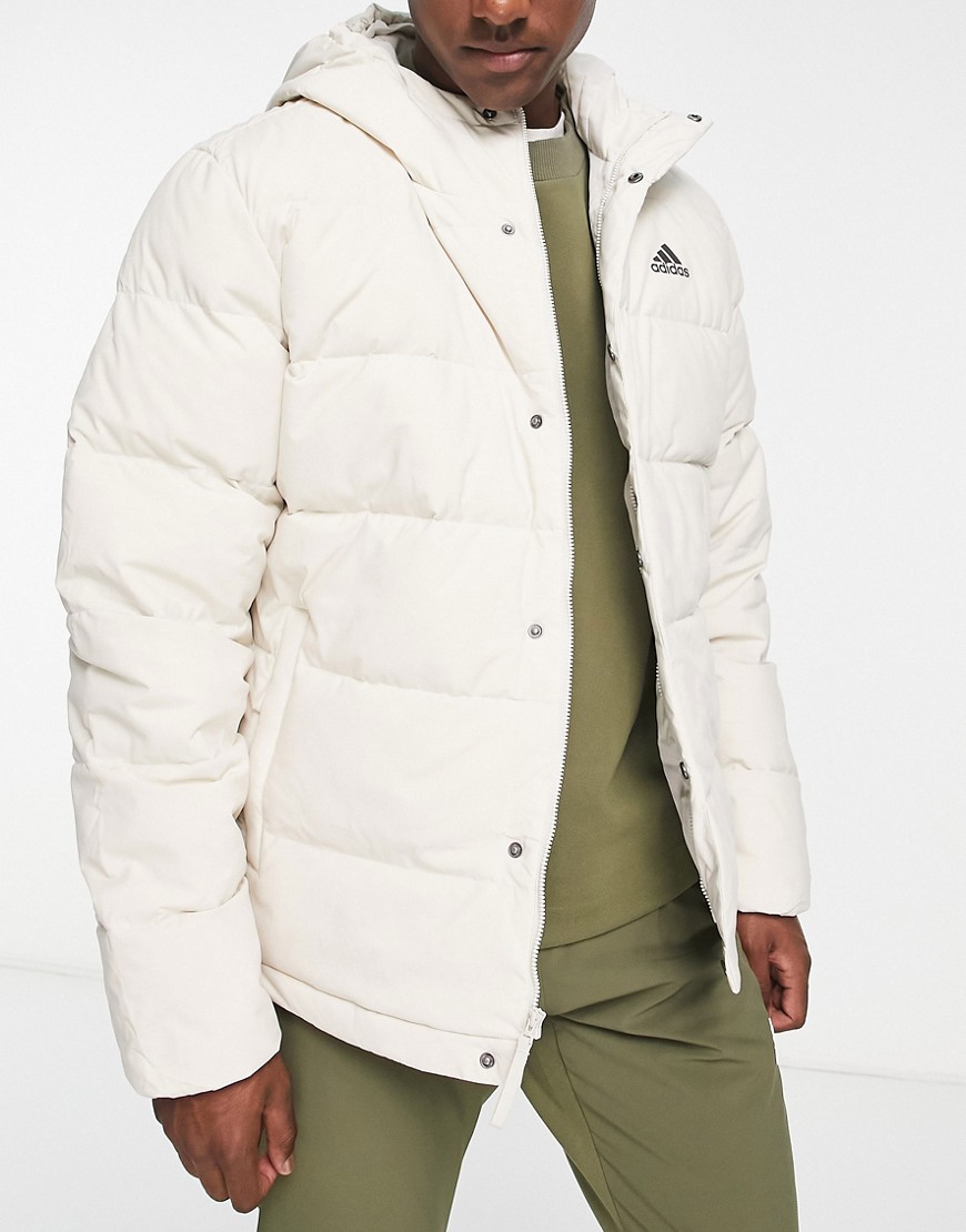 adidas Outdoor down hooded puffer jacket in cream-White