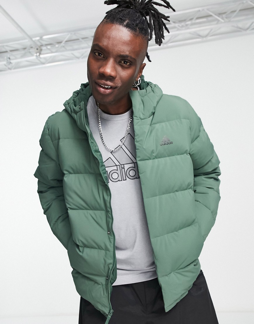 Adidas Outdoor down hooded puffer jacket in khaki-Green