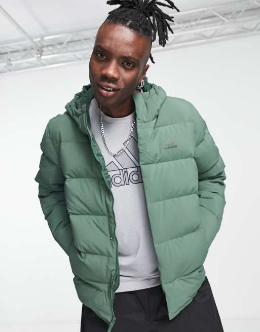 adidas Outdoor down hooded puffer jacket in khaki