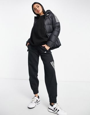adidas Outdoor down hooded puffer jacket with three stripes in black - ASOS Price Checker