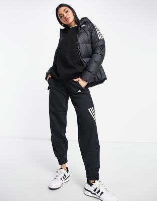 adidas Outdoor down hooded puffer jacket with three stripes in black - ASOS Price Checker