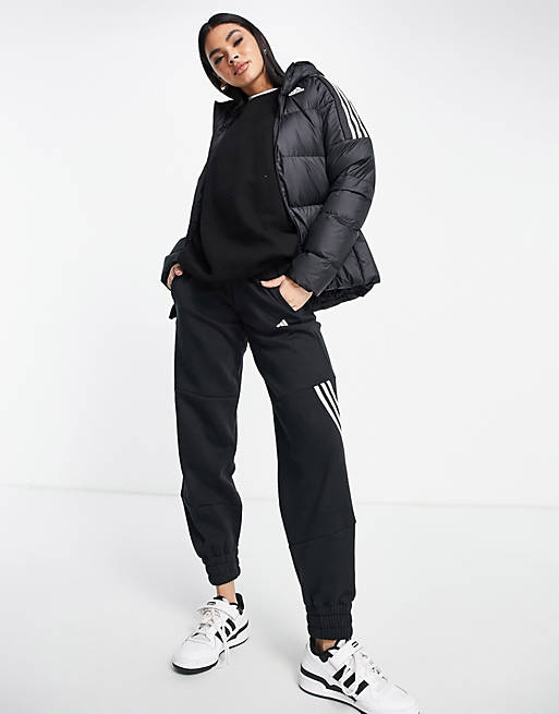  adidas Outdoor down hooded puffer jacket with three stripes in black 