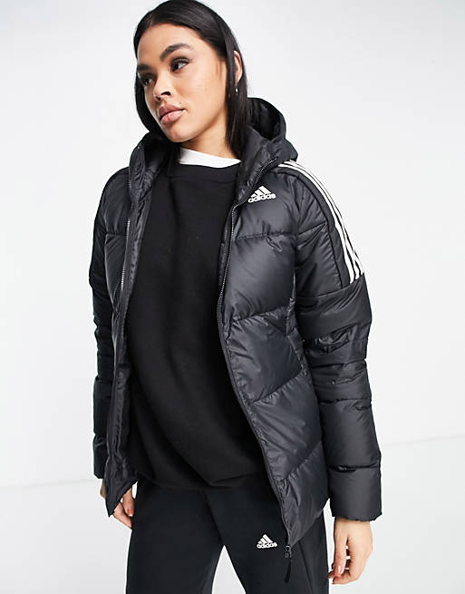  adidas Outdoor down hooded puffer jacket with three stripes in black 