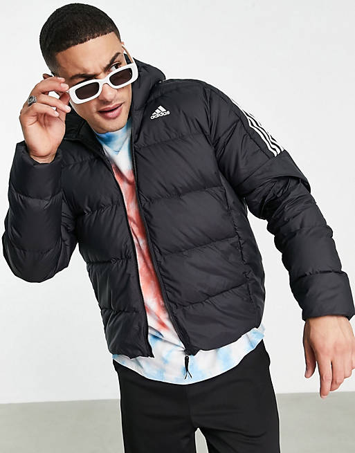 adidas Outdoor down puffer jacket with hood and three stripes in black