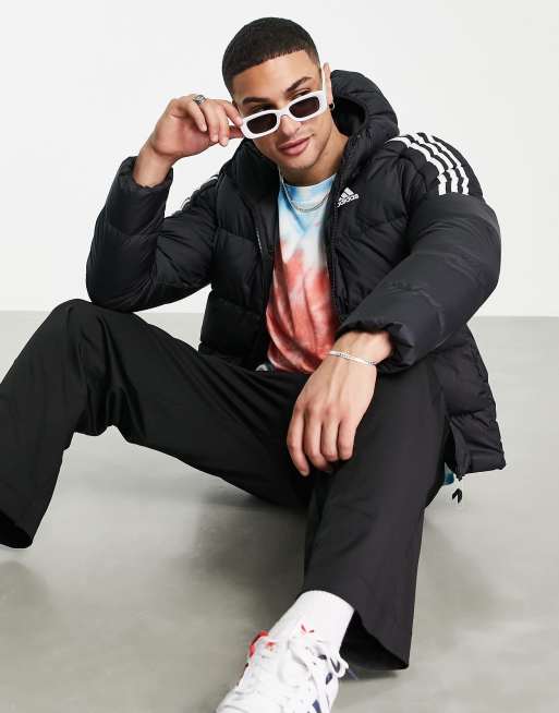 adidas Outdoor down puffer jacket with hood and three stripes in black, 3 of 4