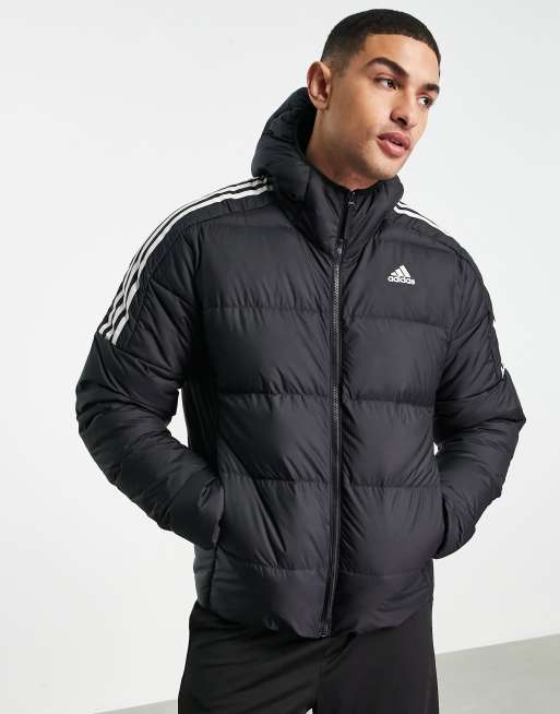 adidas Outdoor down puffer jacket with hood and three stripes in black, 4 of 4