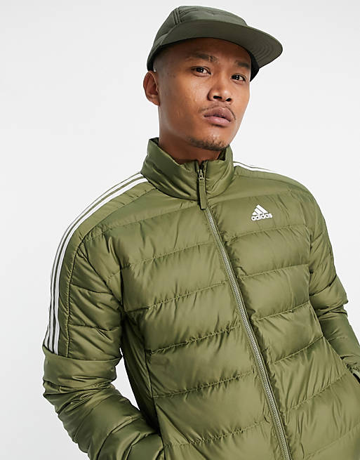adidas Outdoor down puffer jacket with three stripes in khaki