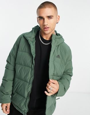 adidas Outdoor Helionic hooded puffer jacket in green - ASOS Price Checker