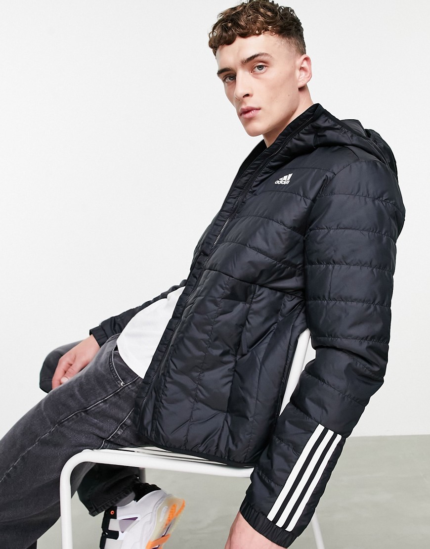Adidas Outdoor Itavic 3 Stripe hooded puffer jacket in black