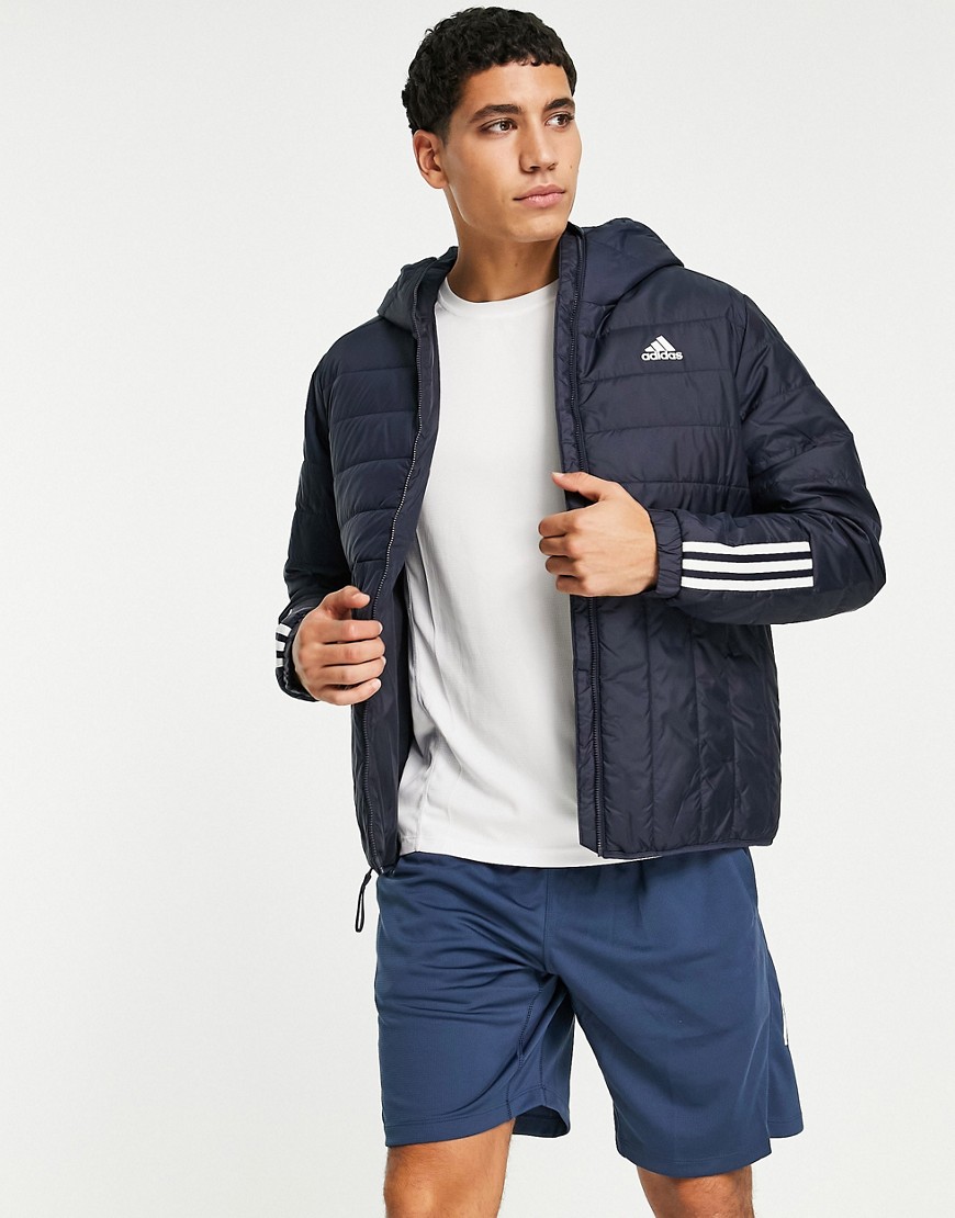 Adidas Outdoor Itavic 3 Stripe hooded puffer jacket in navy