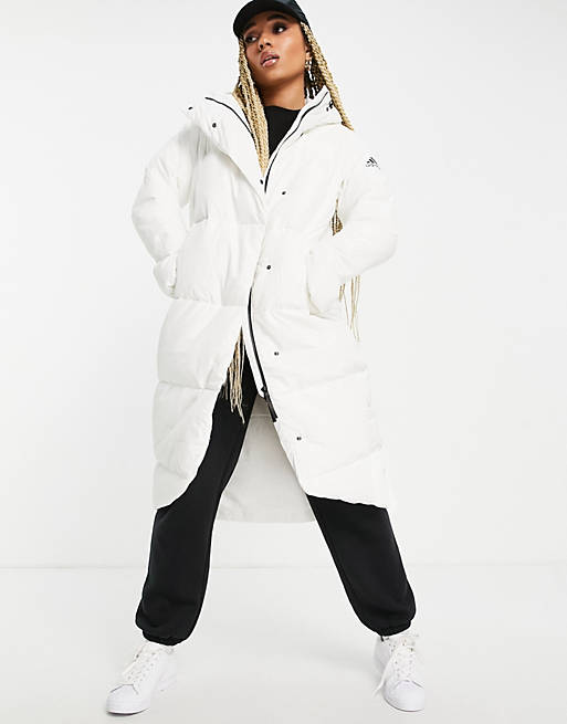 adidas Outdoor longline down puffer jacket in white | ASOS