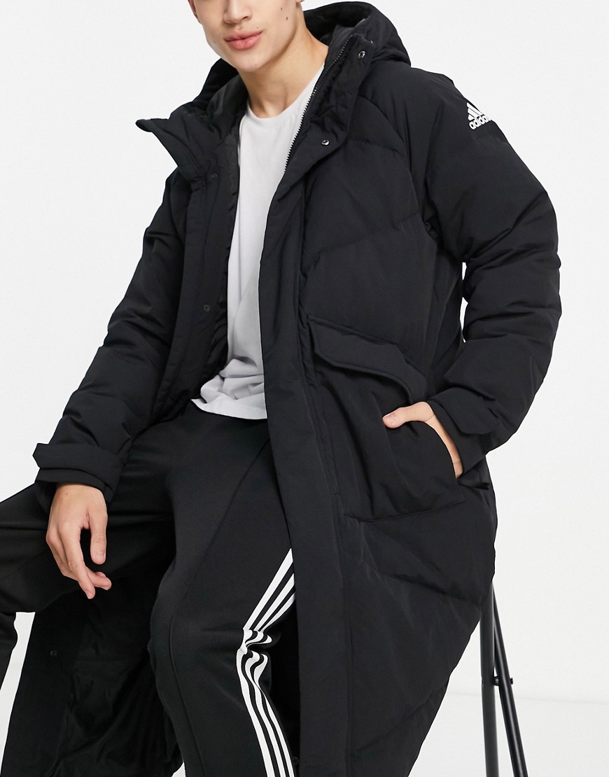 adidas Outdoor longline down puffer jacket with pockets in black