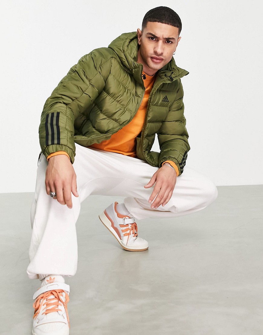 Adidas Outdoor Primegreen puffer jacket with hood and three stripes in khaki