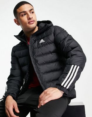 adidas Outdoor puffer jacket with hood and three stripes in black - ASOS Price Checker