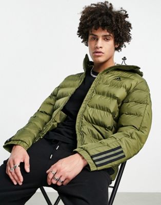 adidas Outdoor puffer jacket with hood and three stripes in khaki - ASOS Price Checker