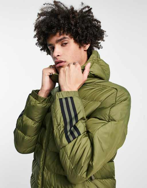 adidas Outdoor puffer jacket with hood and three stripes in khaki, 2 of 4