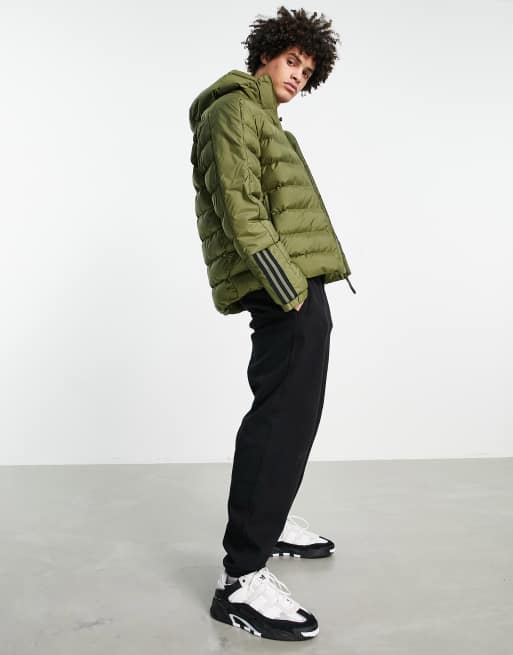 adidas Outdoor puffer jacket with hood and three stripes in khaki, 3 of 4
