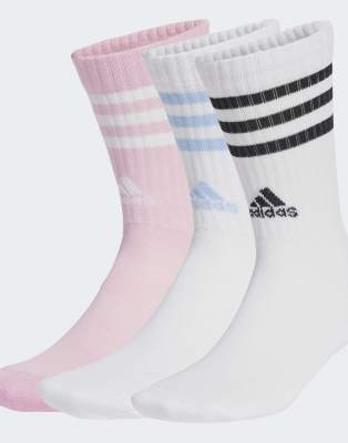 adidas performance - 3 Paar gepolsterte Crew-Socken in Weiß / Weiß / echtes Rosa mit den drei Streifen