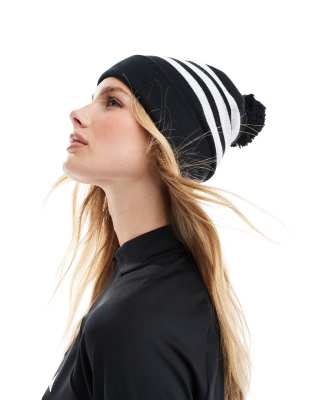 adidas performance adidas Performance 3 stripe beanie with pom-pom in black