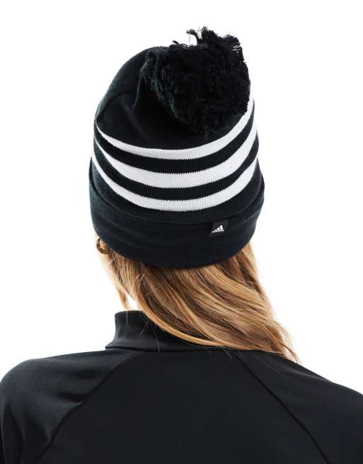 adidas Performance 3 stripe beanie with pom pom in black