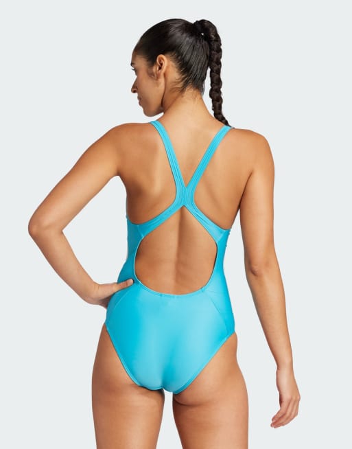 adidas performance 3-stripes c-back swimsuit in lucid cyan / white, 2 of 4