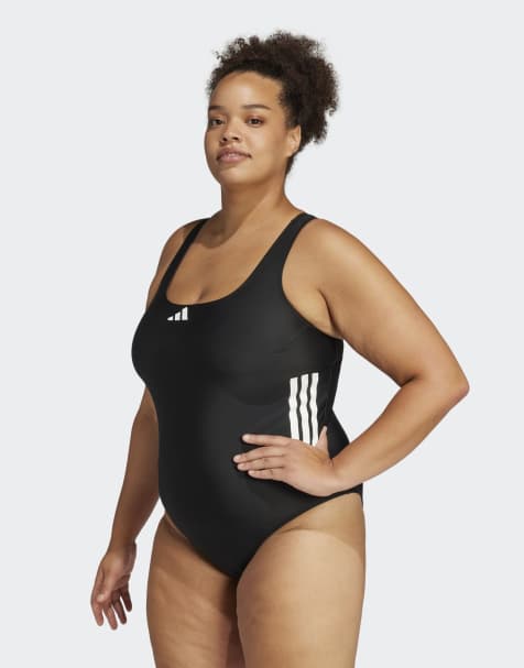 adidas performance 3-stripes c-back swimsuit (plus size) in black / white - view 1