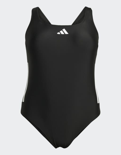 adidas performance 3-stripes c-back swimsuit (plus size) in black / white, 3 of 4