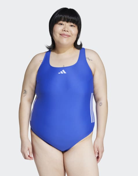 adidas performance 3-stripes c-back swimsuit (plus size) in semi lucid blue / violet tone - view 1