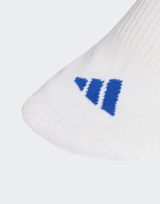 adidas performance 3 stripes cushioned sportswear mid cut socks 3 pack in dark blue / white / glow blue, 2 of 3