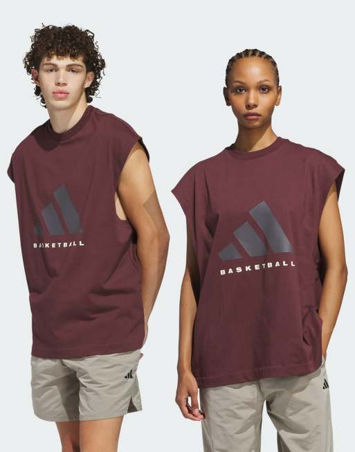 adidas Performance – Adidas Basketball – Ärmelloses Unisex-T-Shirt in Aurora Ruby und Braun