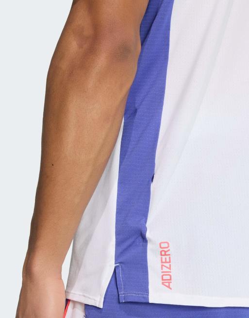 adidas performance Adizero archive running t-shirt in white / dual indigo, 3 of 4