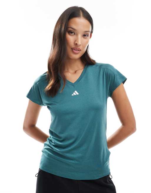 adidas Performance - Aeroready Train Essentials - Blågrøn/hvid T-shirt med V-hals og minimalistisk branding