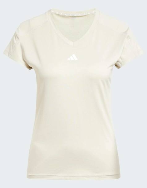 adidas performance Aeroready train essentials minimal branding v-neck tee in beige / white - view 1